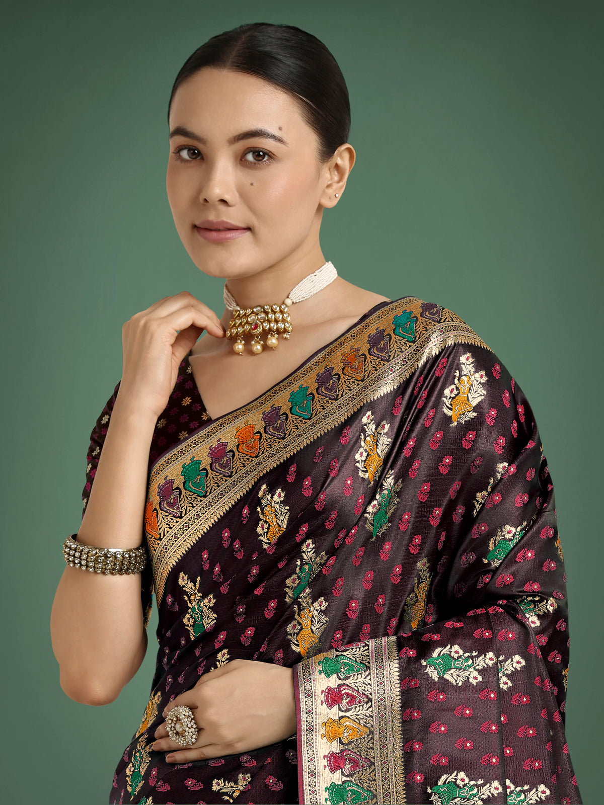 Maroon Banarasi-Style Satin Saree with Peacock Arch Pallu, border close-up