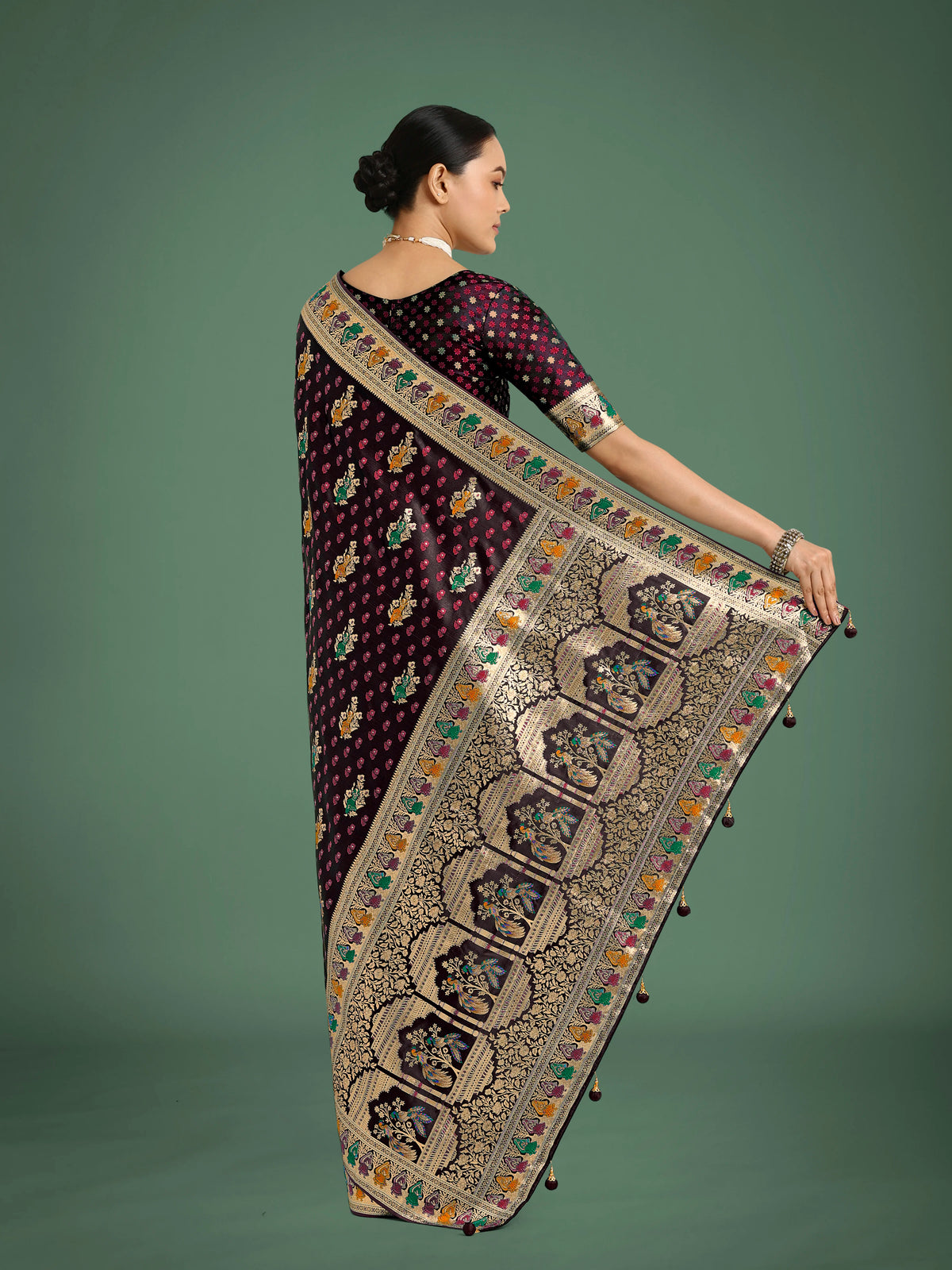 Maroon Banarasi-Style Satin Saree with Peacock Arch Pallu, back