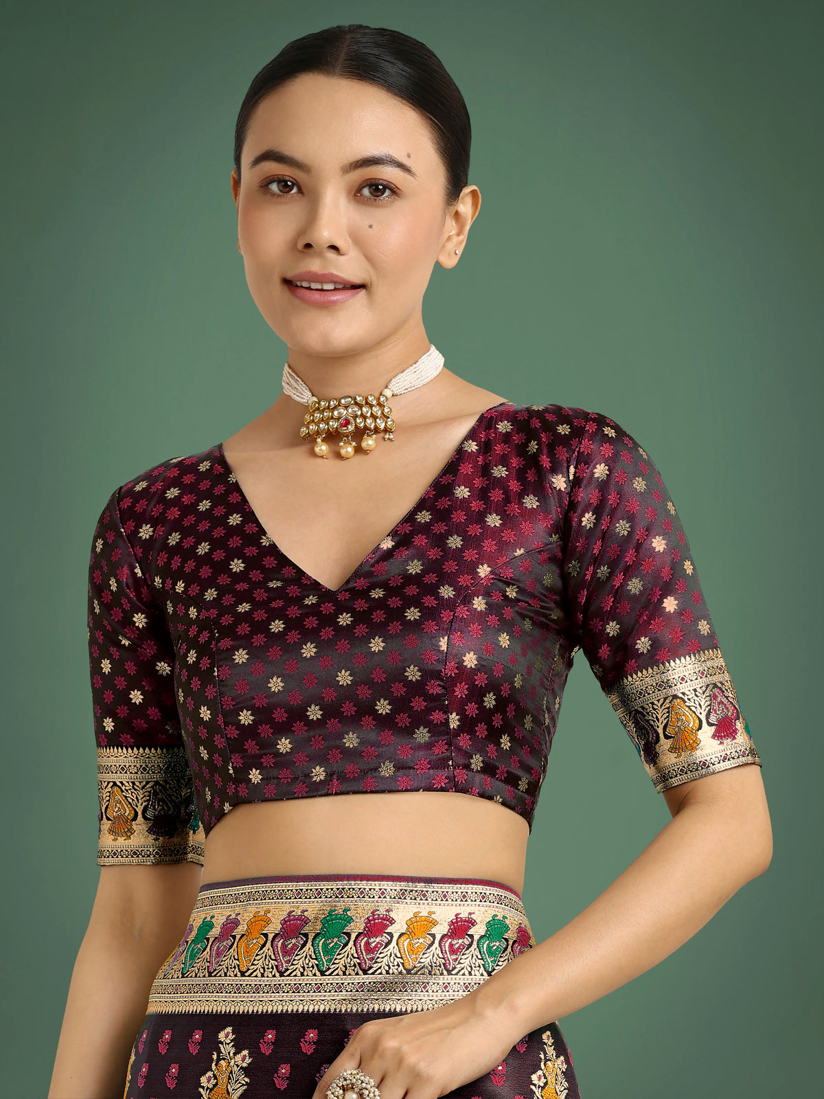 Maroon Banarasi-Style Satin Saree with Peacock Arch Pallu, blouse front
