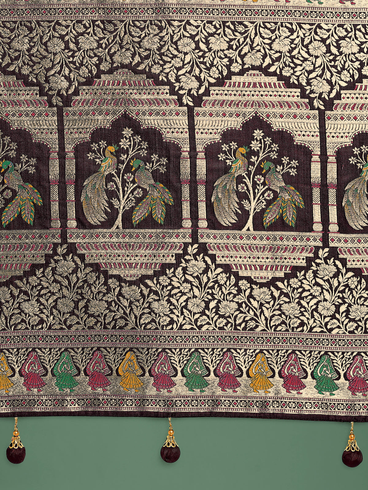 Maroon Banarasi-Style Satin Saree with Peacock Arch Pallu, pallu close-up