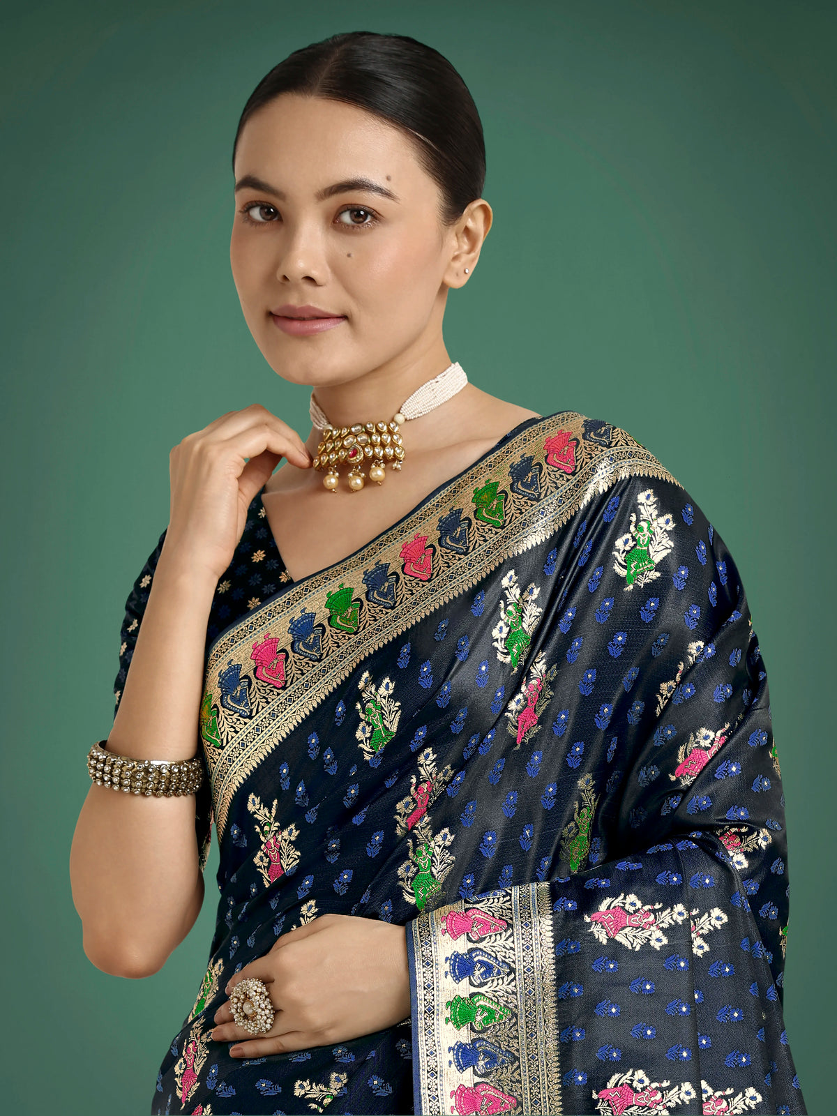 Dark Blue Banarasi-Style Satin Saree with Peacock Arch Pallu, border close-up