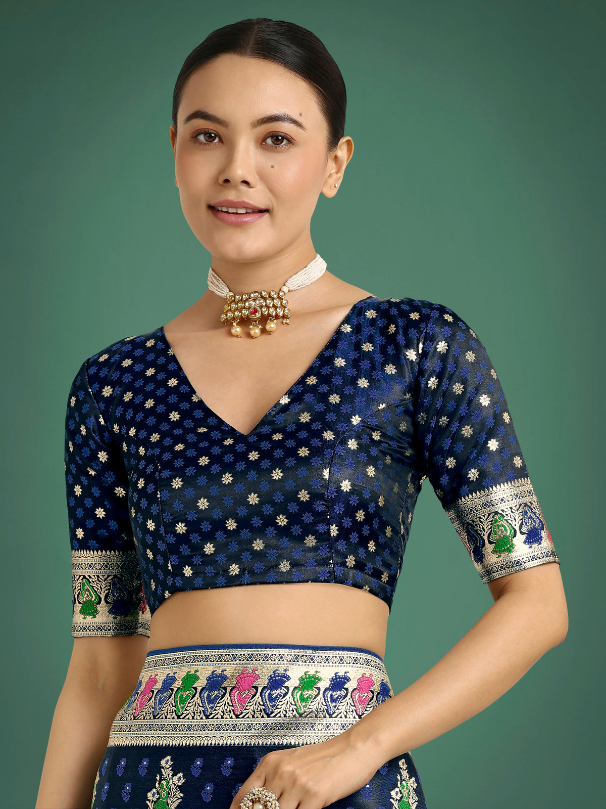 Dark Blue Banarasi-Style Satin Saree with Peacock Arch Pallu, blouse front