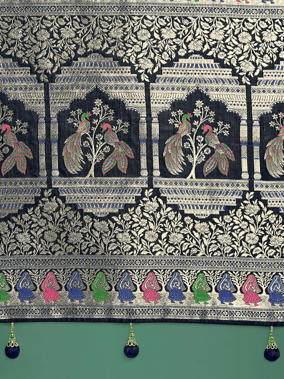 Dark Blue Banarasi-Style Satin Saree with Peacock Arch Pallu, pallu close-up