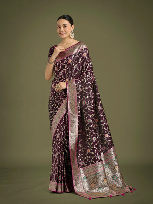 Wine Banarasi-Style Satin Saree with Zari Vine Jaal