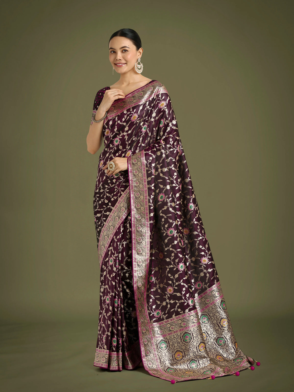 Wine Banarasi-Style Satin Saree with Zari Vine Jaal, front