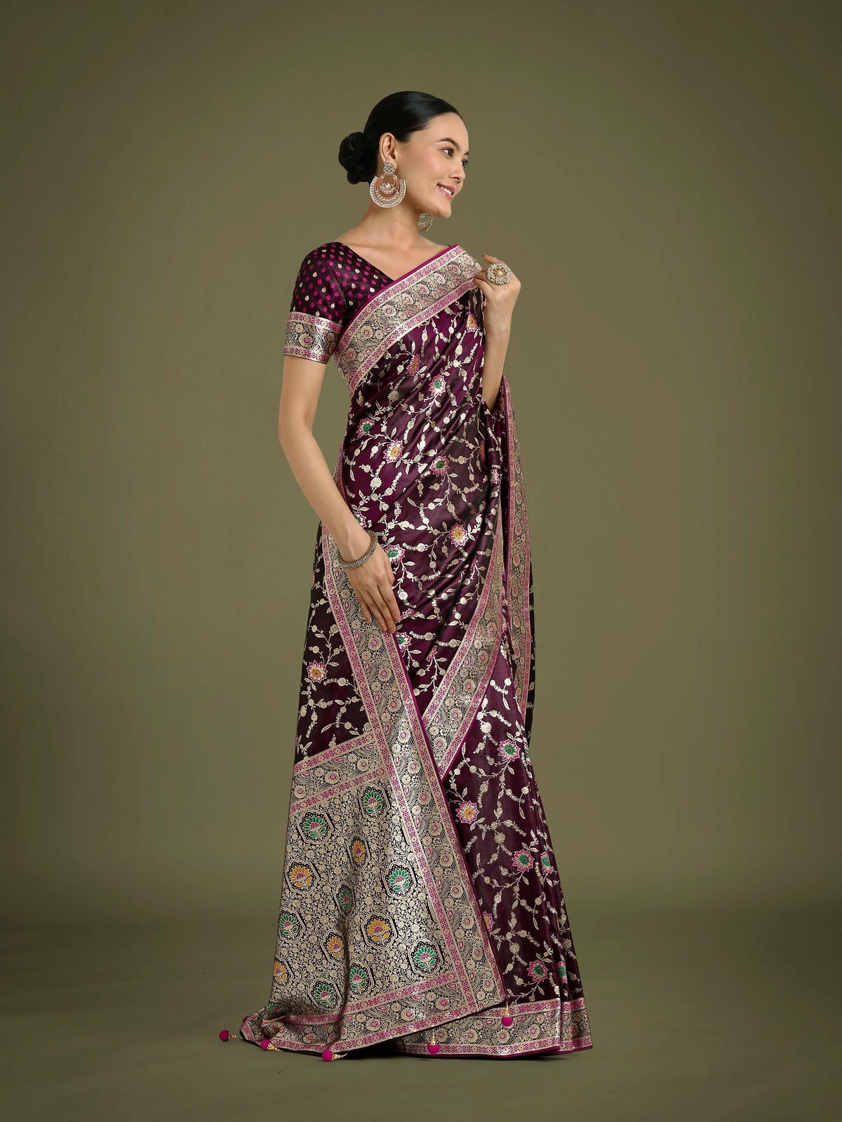 Wine Banarasi-Style Satin Saree with Zari Vine Jaal, side