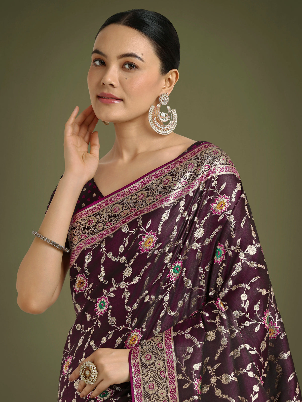 Wine Banarasi-Style Satin Saree with Zari Vine Jaal, border close-up