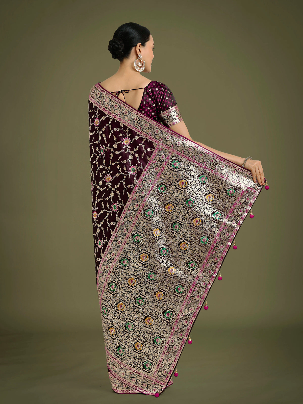 Wine Banarasi-Style Satin Saree with Zari Vine Jaal, back