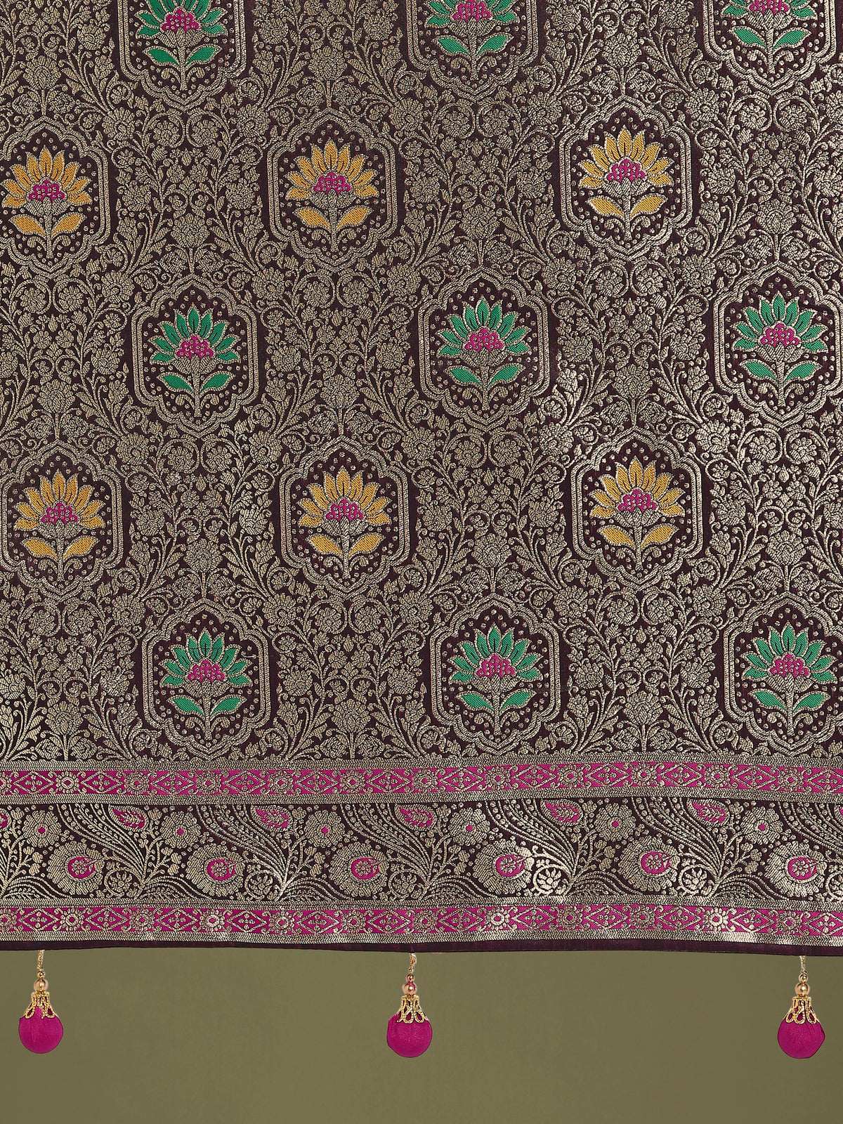Wine Banarasi-Style Satin Saree with Zari Vine Jaal, pallu close-up