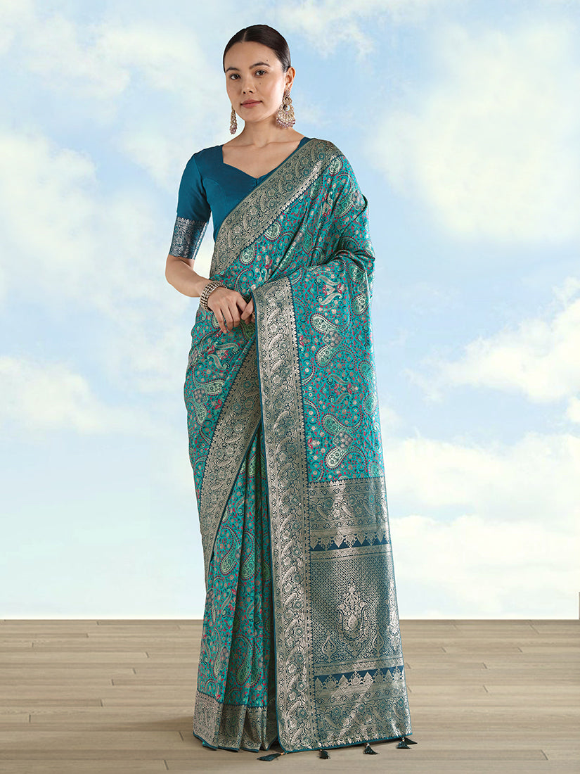 Turquoise Baanrasi Silk Saree With Traditional Paisley Weaves