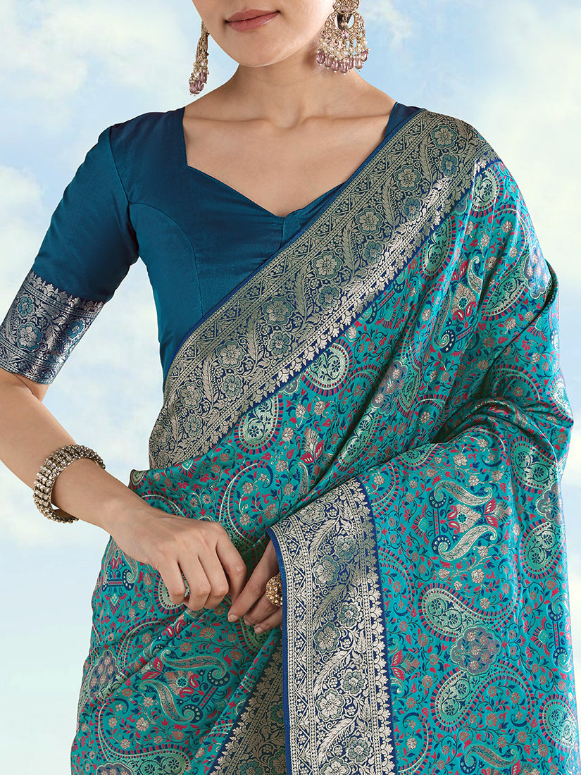 Turquoise Baanrasi Silk Saree With Traditional Paisley Weaves