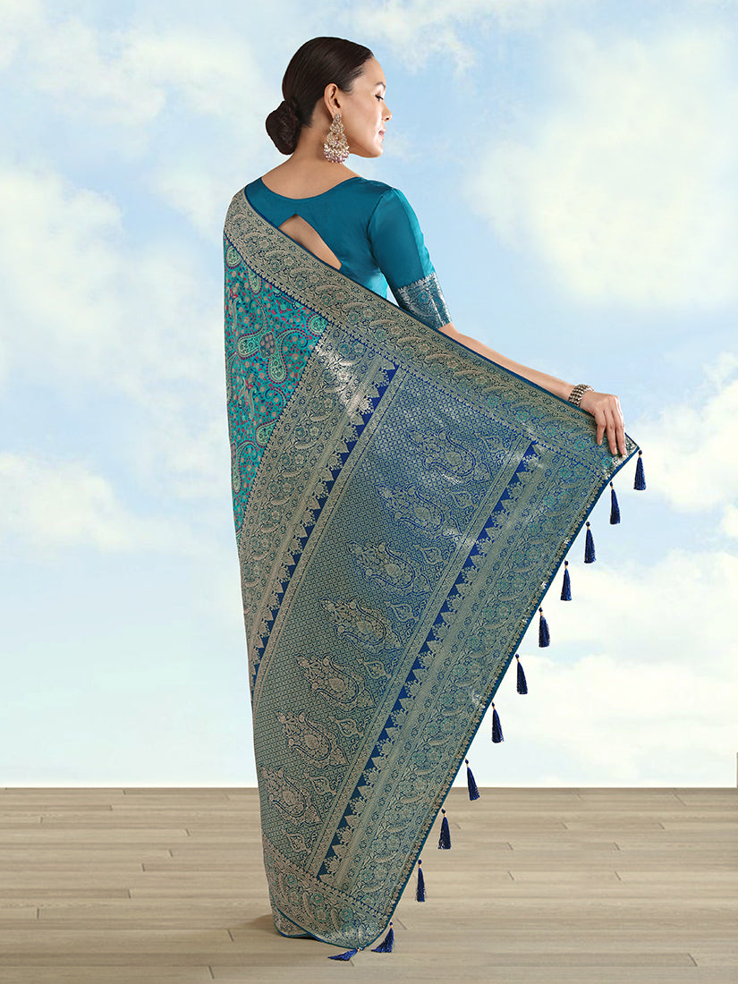 Turquoise Baanrasi Silk Saree With Traditional Paisley Weaves