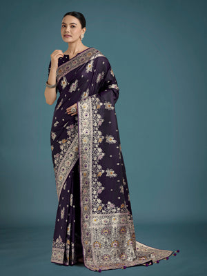 Dark Purple Banarasi-Style Satin Saree with Floral Zari Pallu
