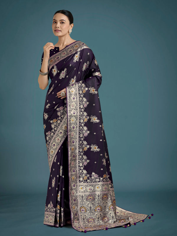 Dark Purple Banarasi-Style Satin Saree with Floral Zari Pallu, front