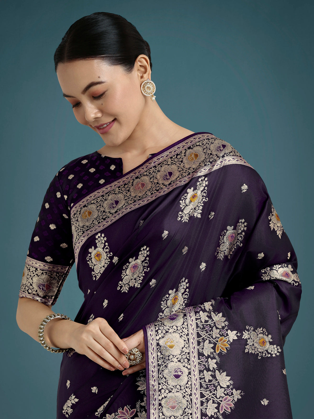 Dark Purple Banarasi-Style Satin Saree with Floral Zari Pallu, drape close-up