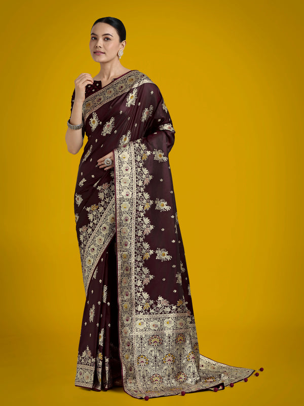 Dark Maroon Banarasi-Style Satin Saree with Floral Zari Pallu, front