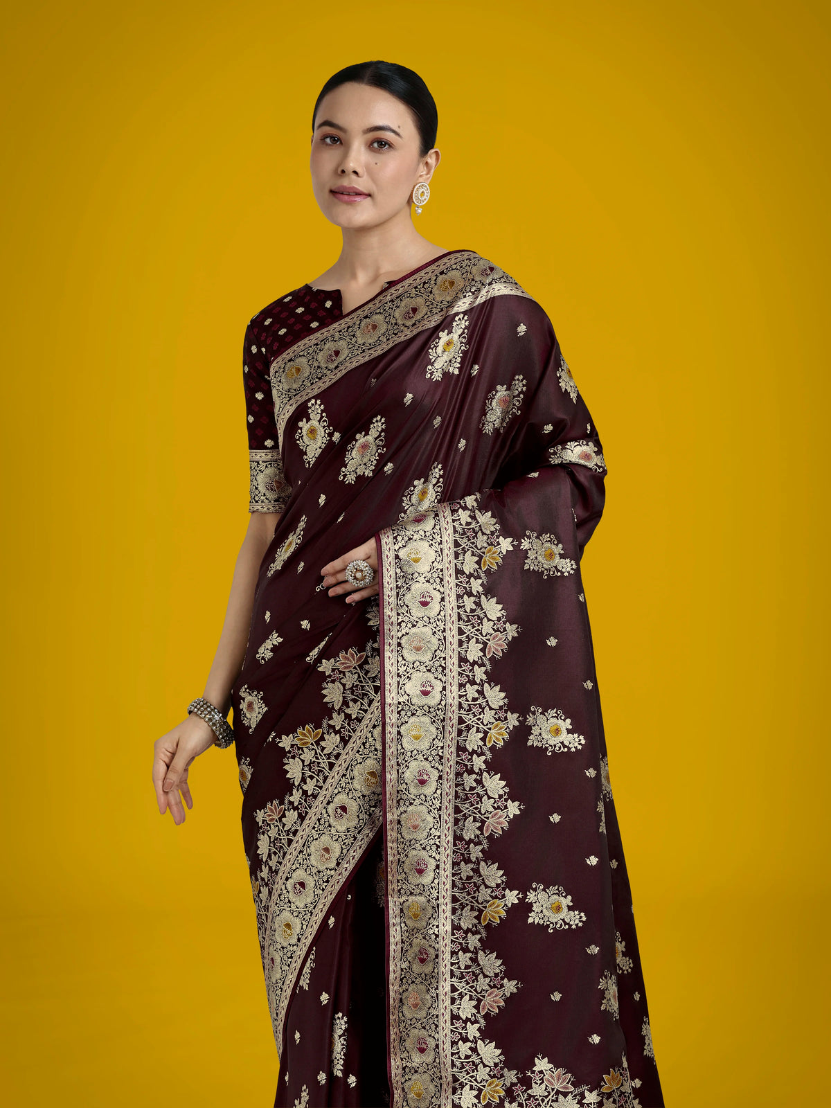 Dark Maroon Banarasi-Style Satin Saree with Floral Zari Pallu, border close-up