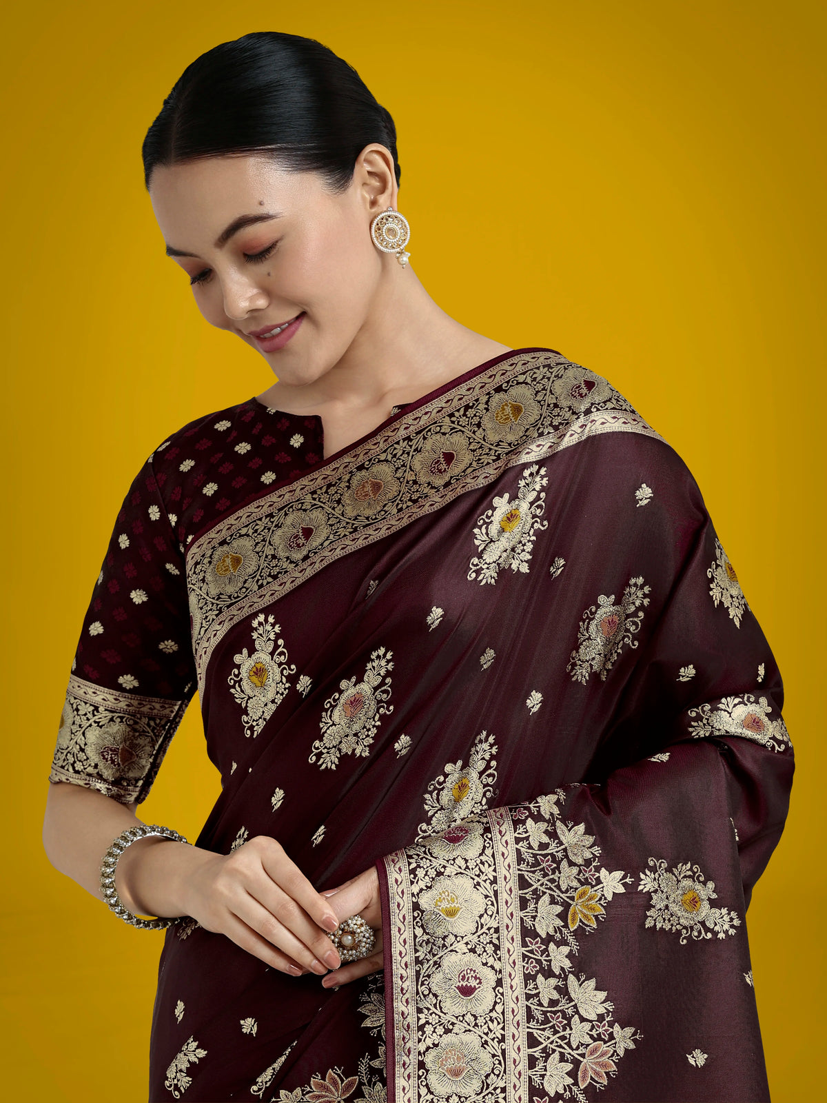 Dark Maroon Banarasi-Style Satin Saree with Floral Zari Pallu, drape close-up