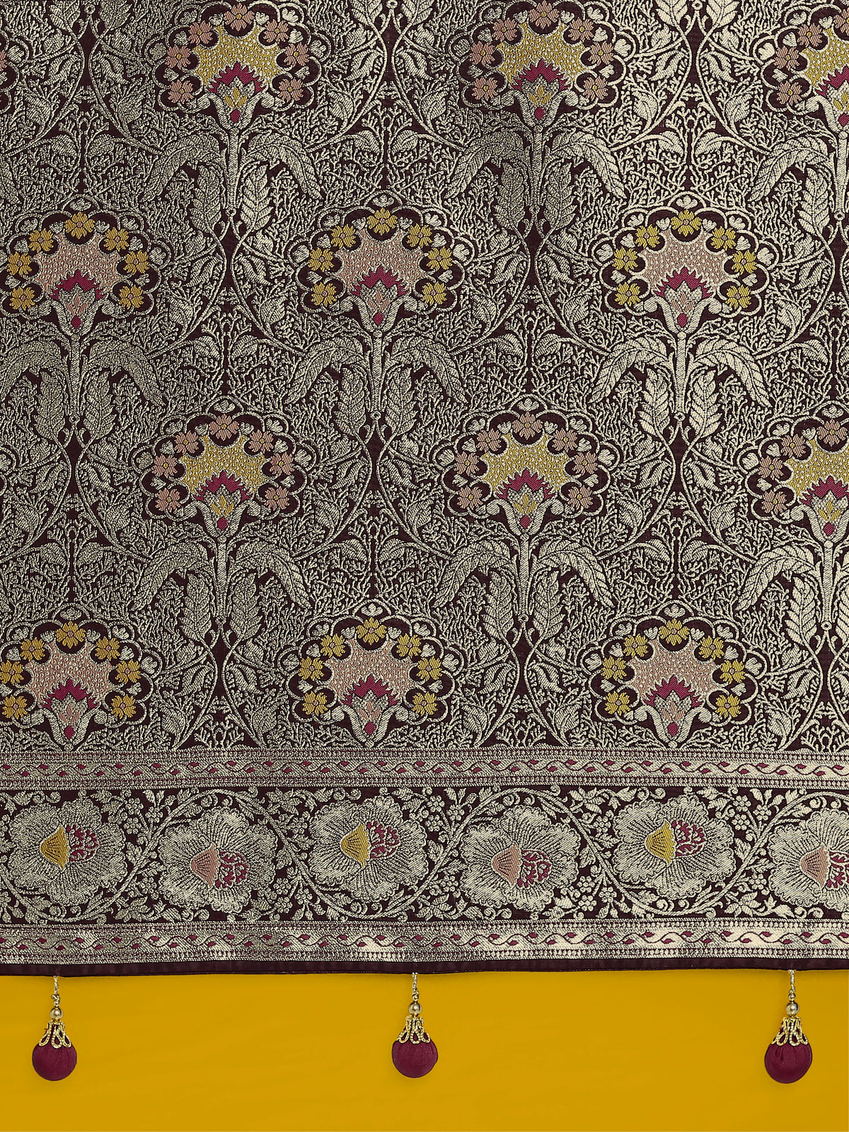 Dark Maroon Banarasi-Style Satin Saree with Floral Zari Pallu, pallu close-up