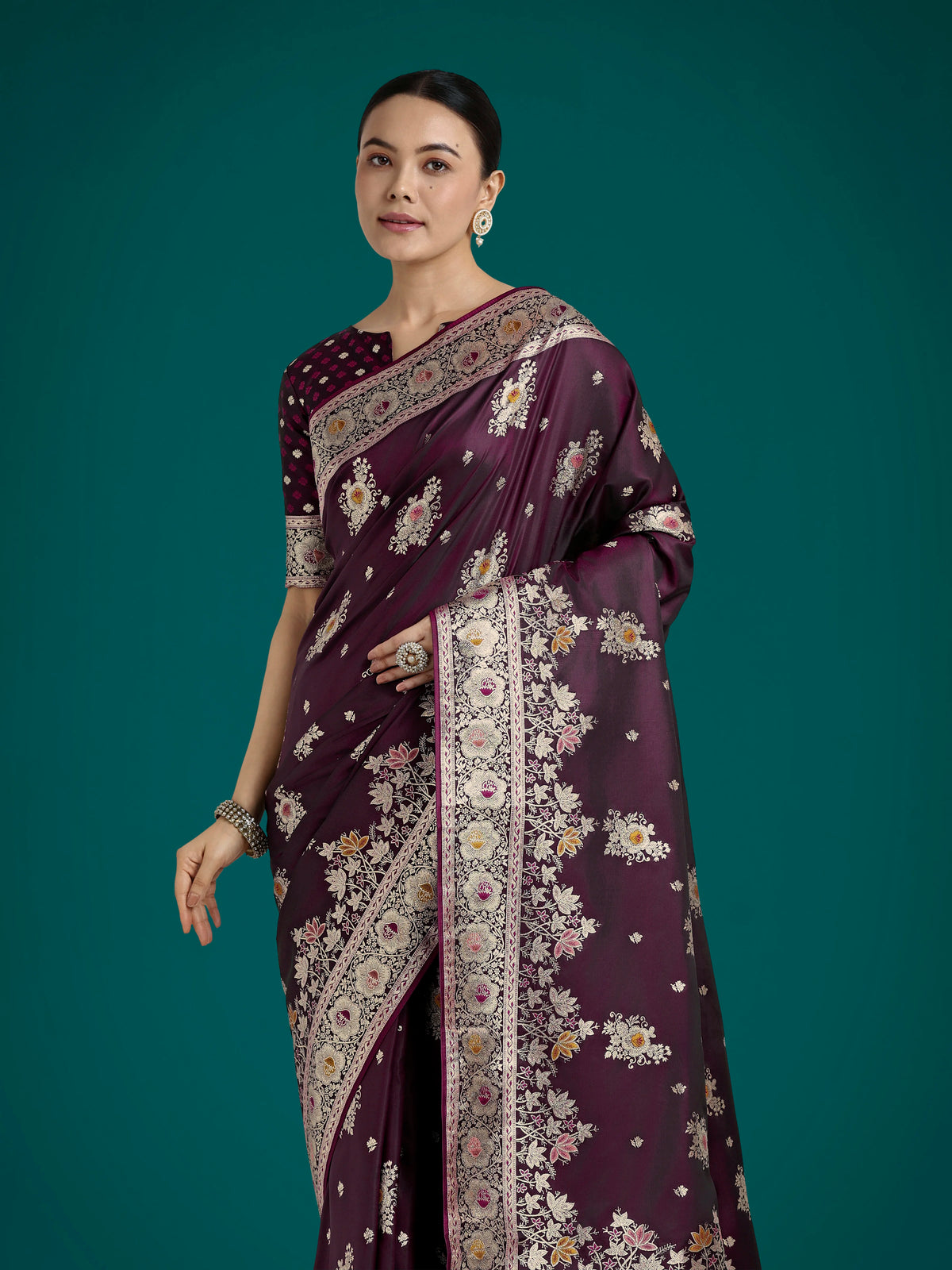 Dark Wine Banarasi-Style Satin Saree with Floral Zari Pallu, border close-up