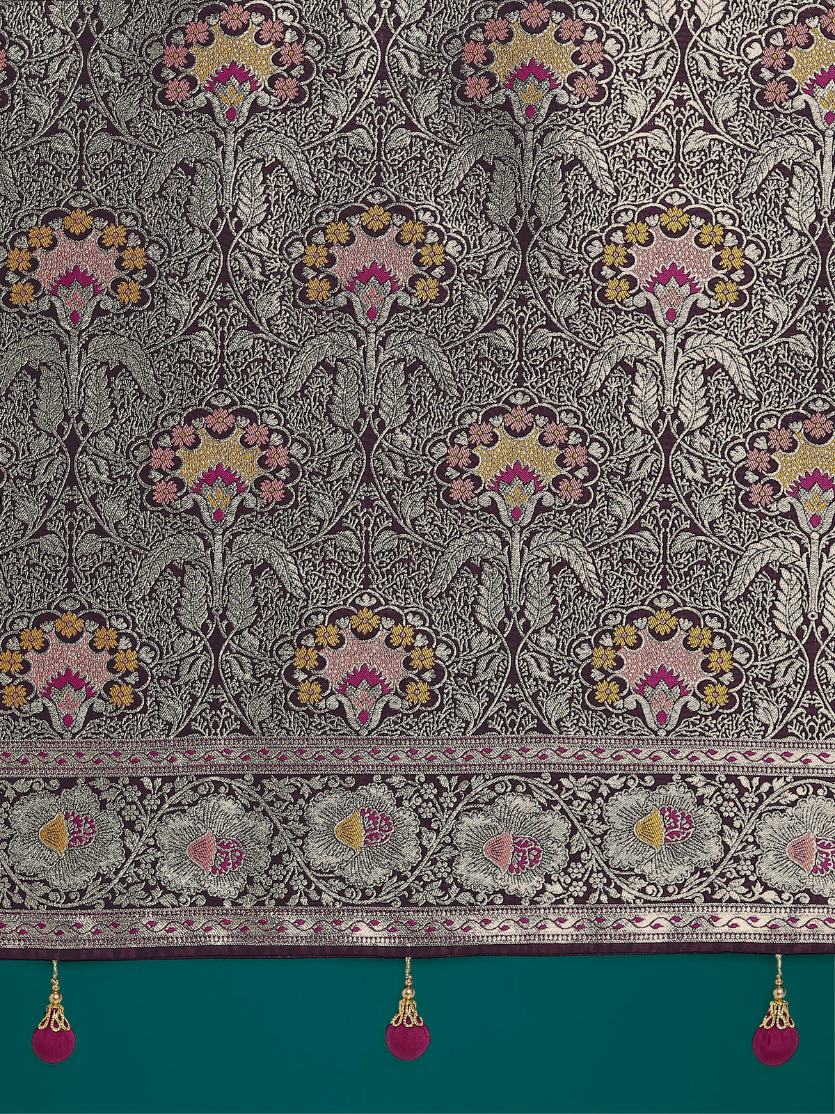 Dark Wine Banarasi-Style Satin Saree with Floral Zari Pallu, pallu close-up