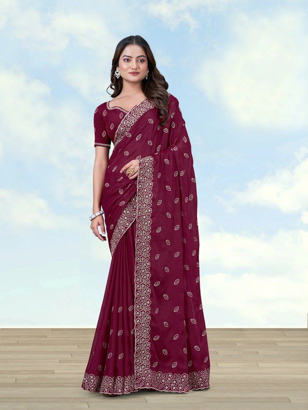 Wine Georgette Saree with Embroidered Leaf Buti, front