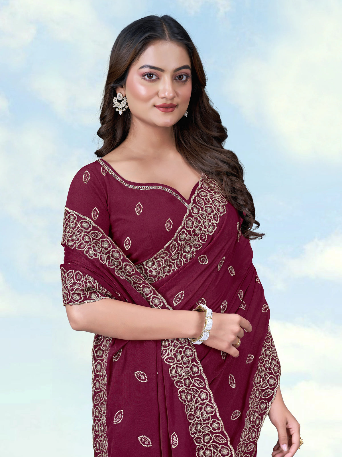 Wine Georgette Saree with Embroidered Leaf Buti, border close-up