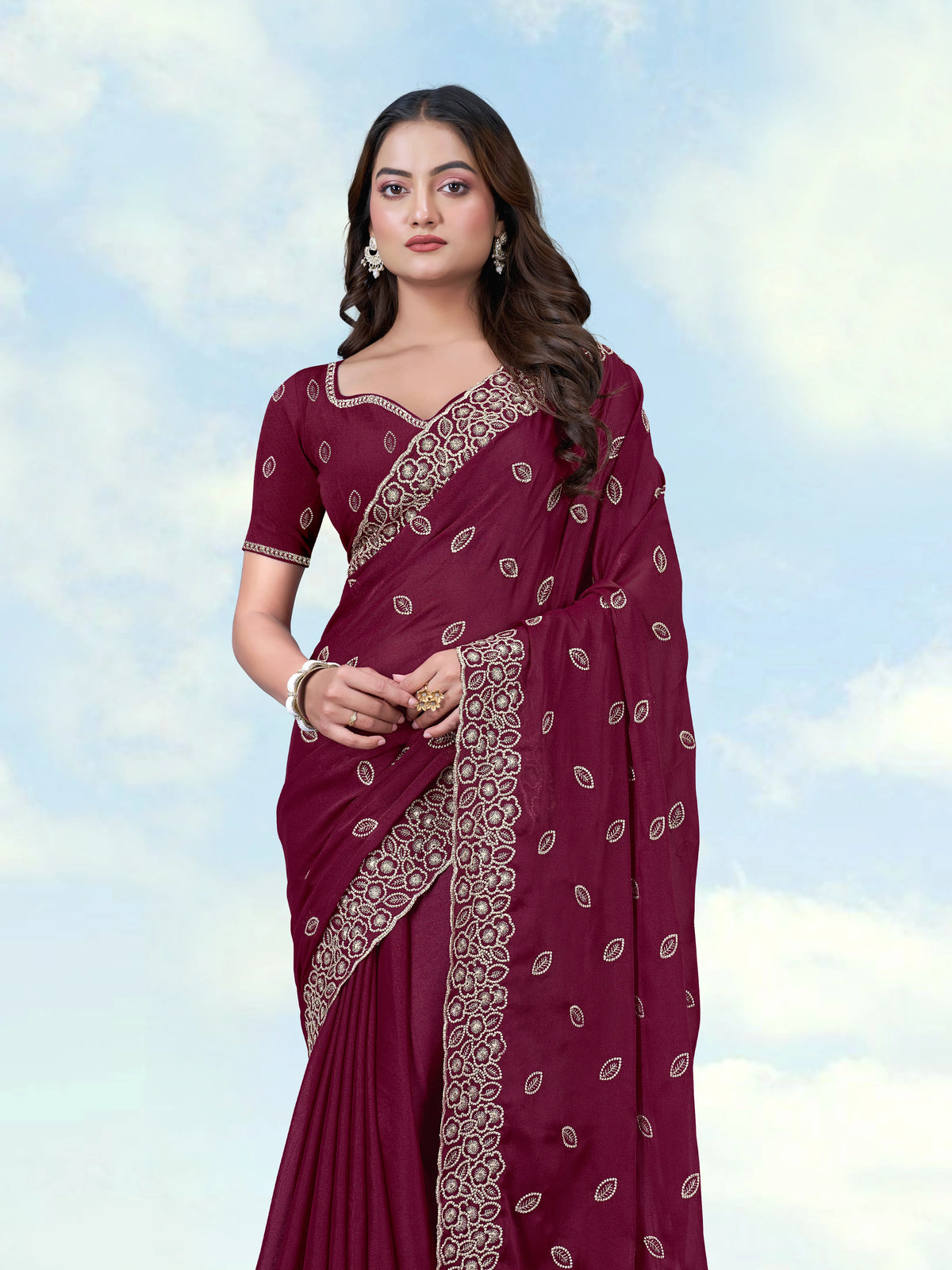 Wine Georgette Saree with Embroidered Leaf Buti, drape close-up