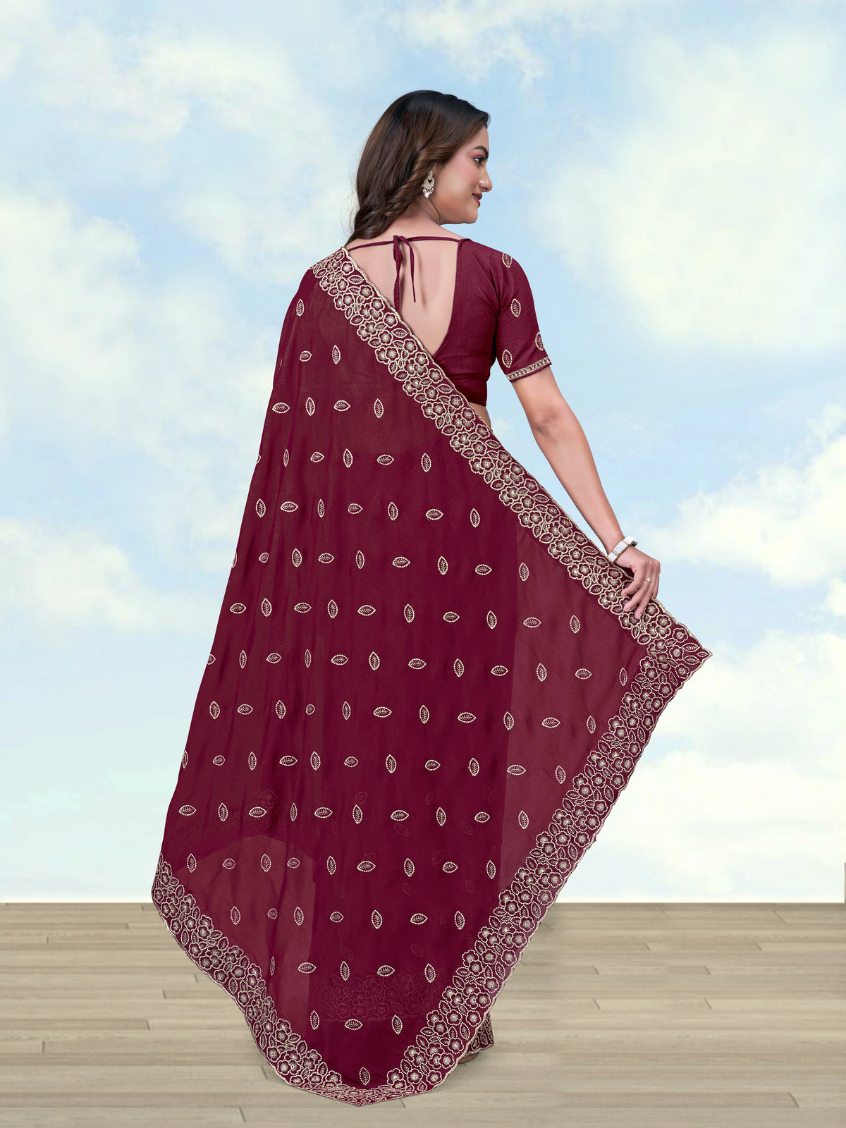 Wine Georgette Saree with Embroidered Leaf Buti, blouse front