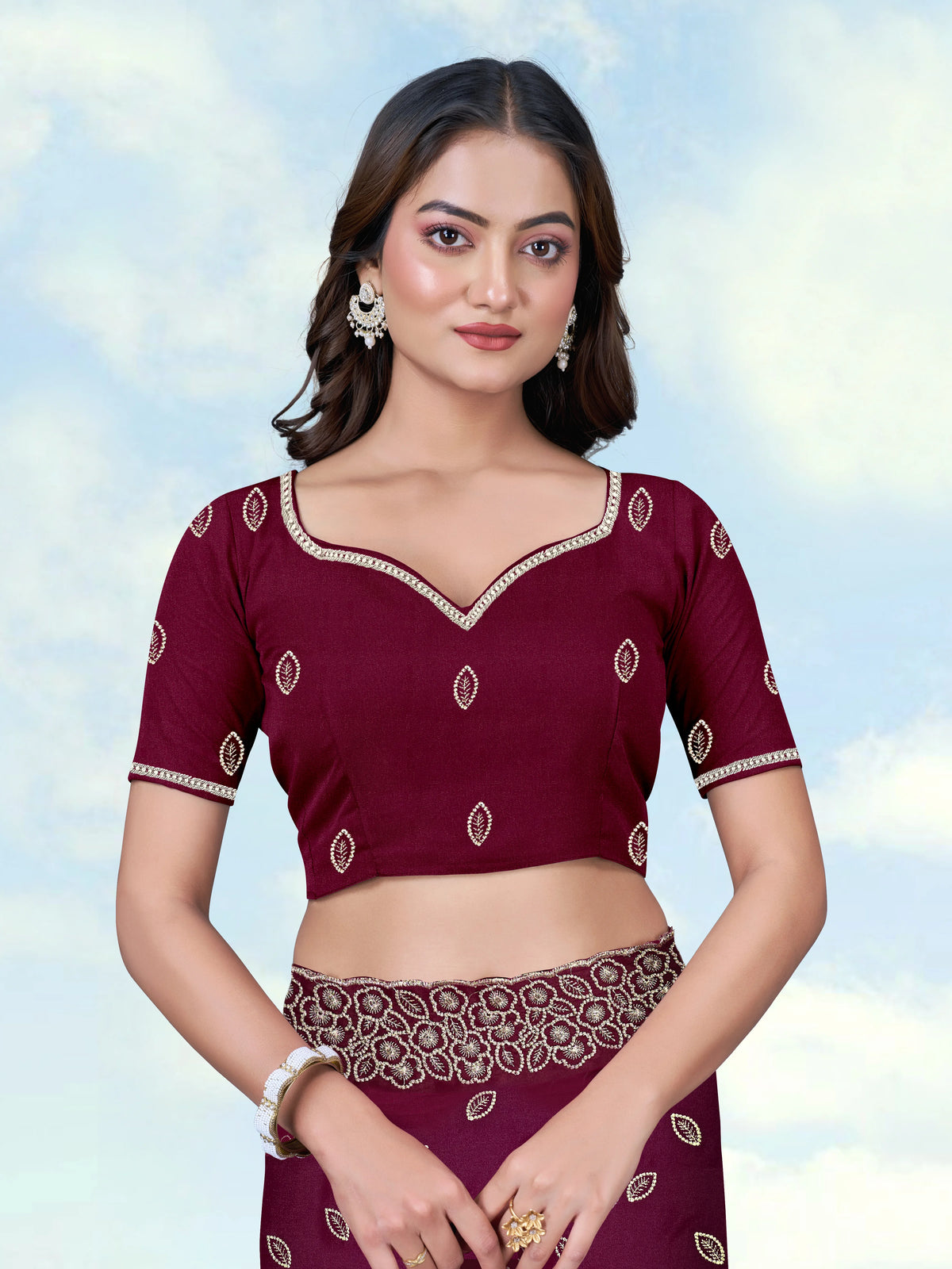 Wine Georgette Saree with Embroidered Leaf Buti, blouse back