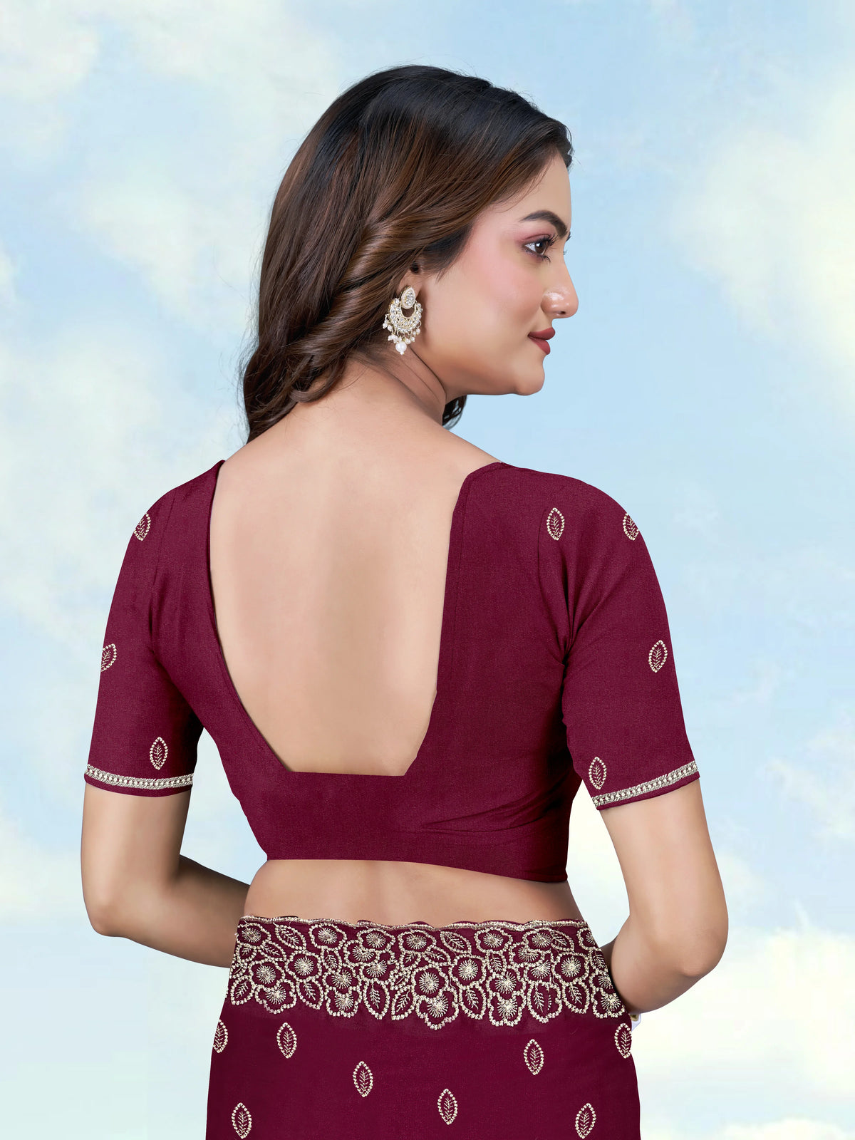 Wine Georgette Saree with Embroidered Leaf Buti, back