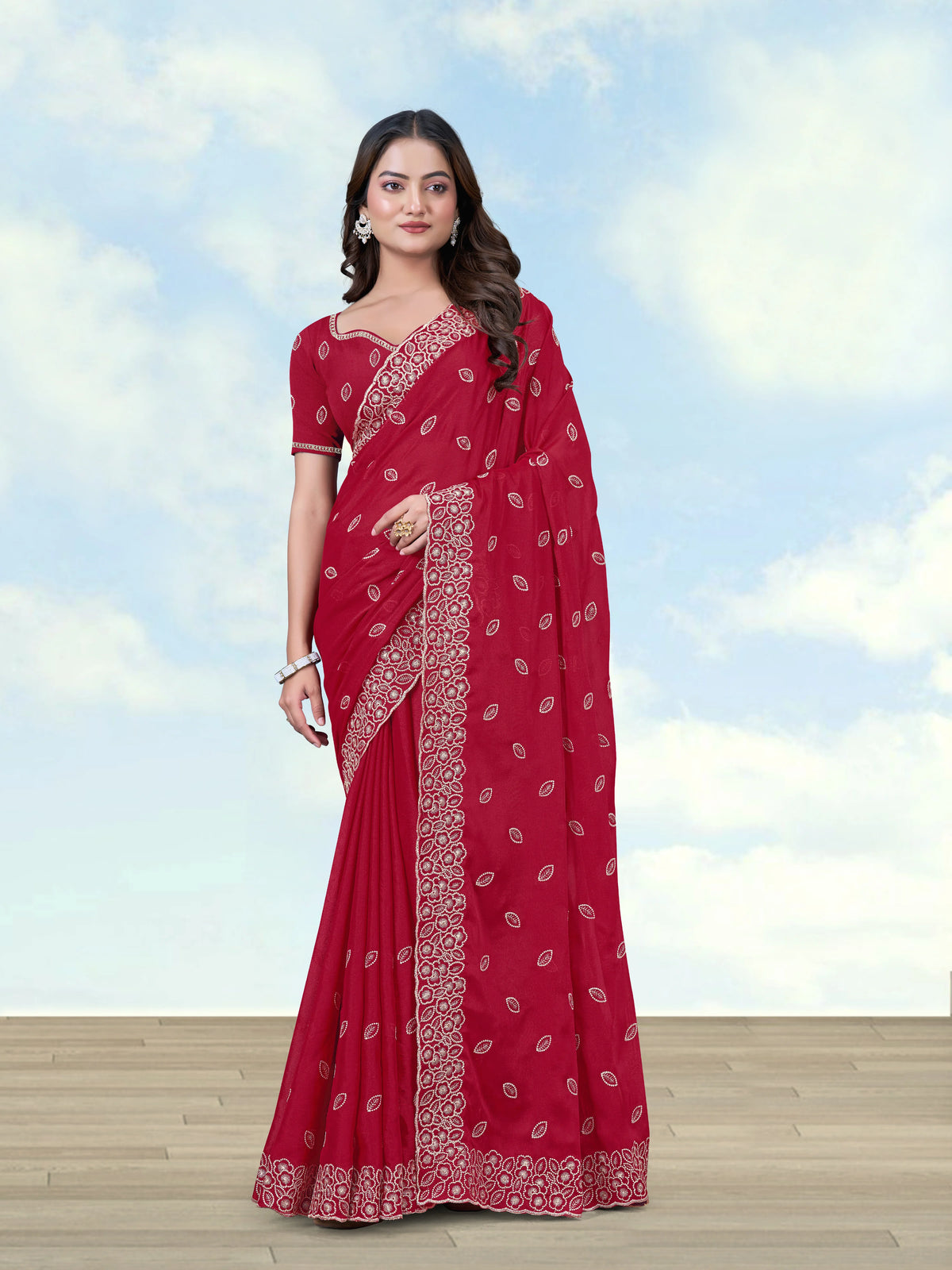 Red Georgette Saree with Embroidered Leaf Buti, front