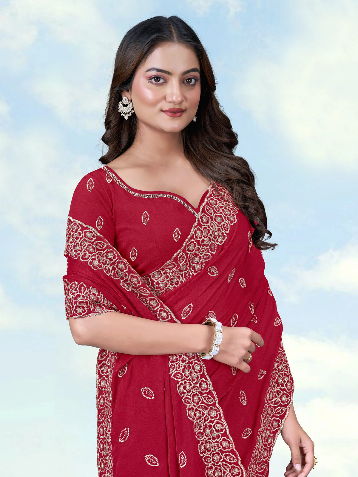 Red Georgette Saree with Embroidered Leaf Buti, border close-up
