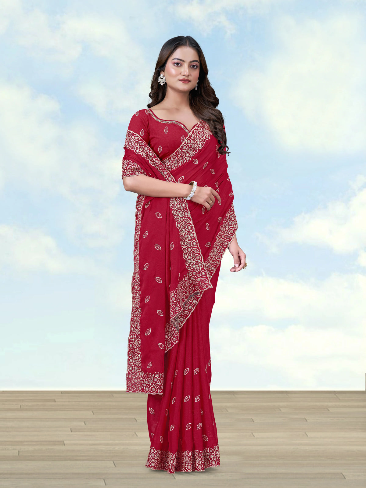 Red Georgette Saree with Embroidered Leaf Buti, side