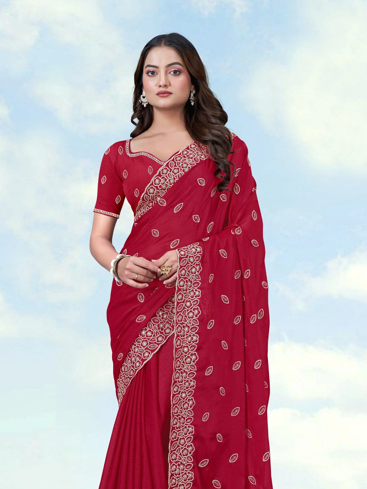 Red Georgette Saree with Embroidered Leaf Buti, drape close-up