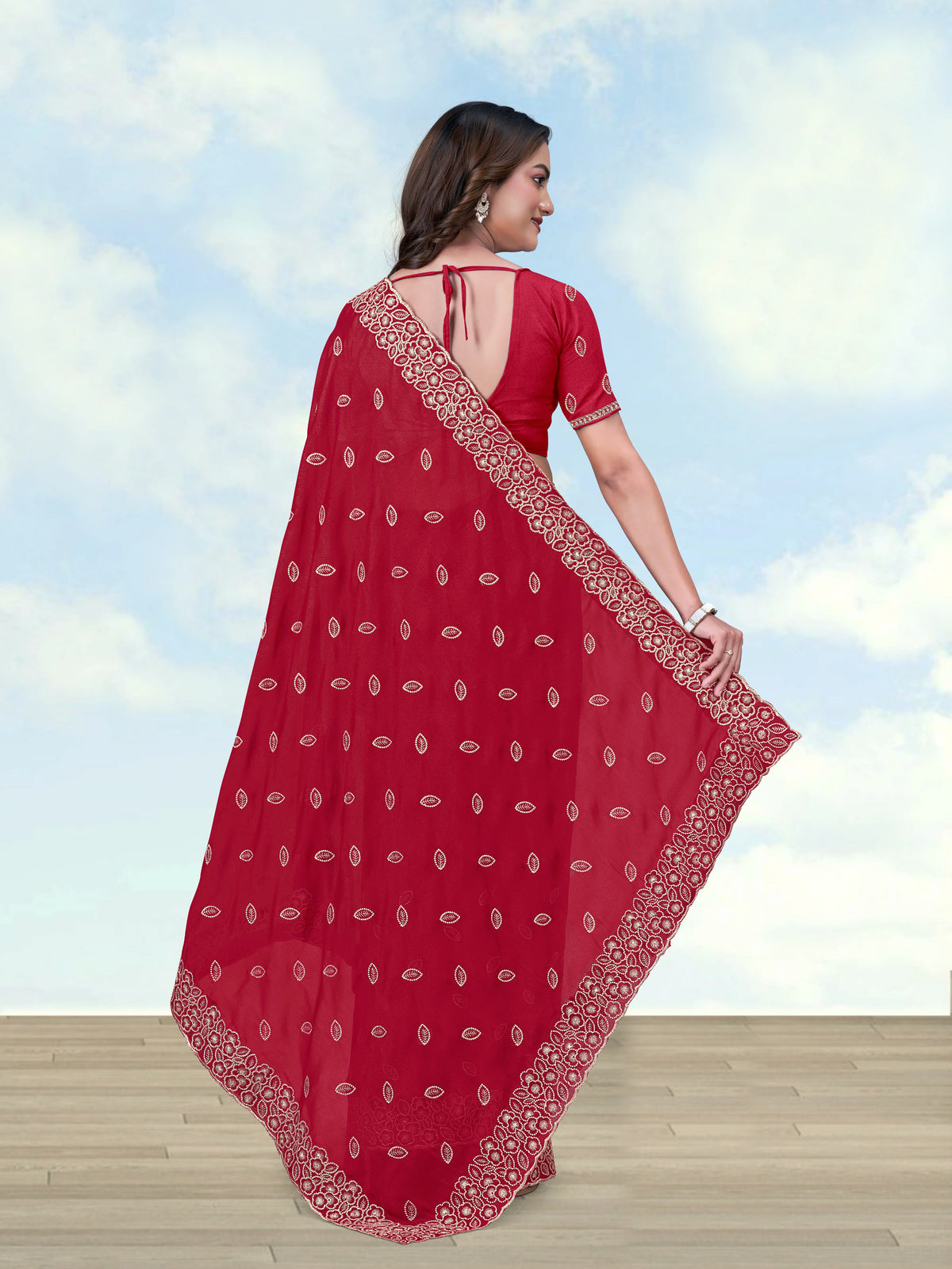Red Georgette Saree with Embroidered Leaf Buti, blouse front