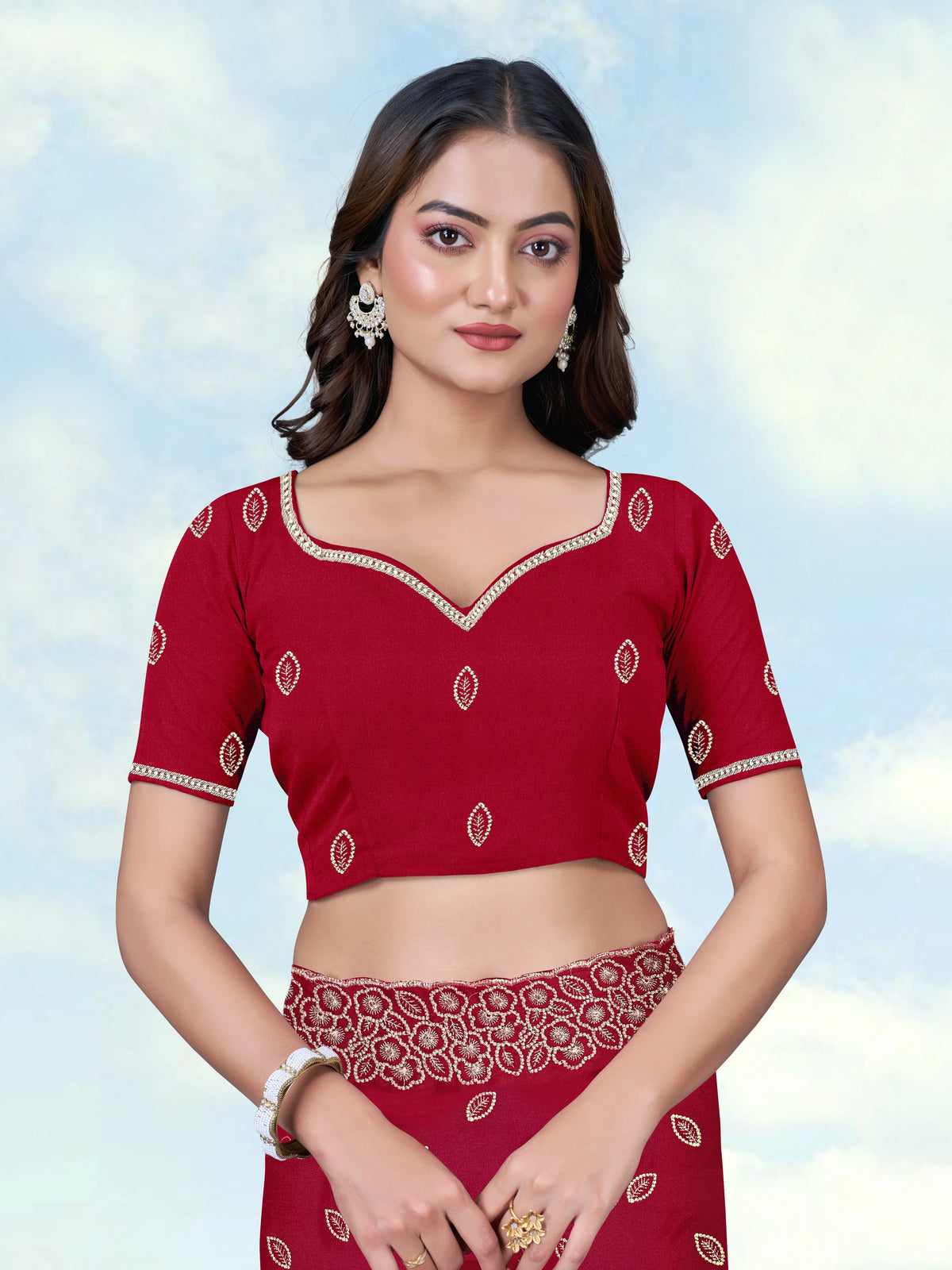 Red Georgette Saree with Embroidered Leaf Buti, blouse back