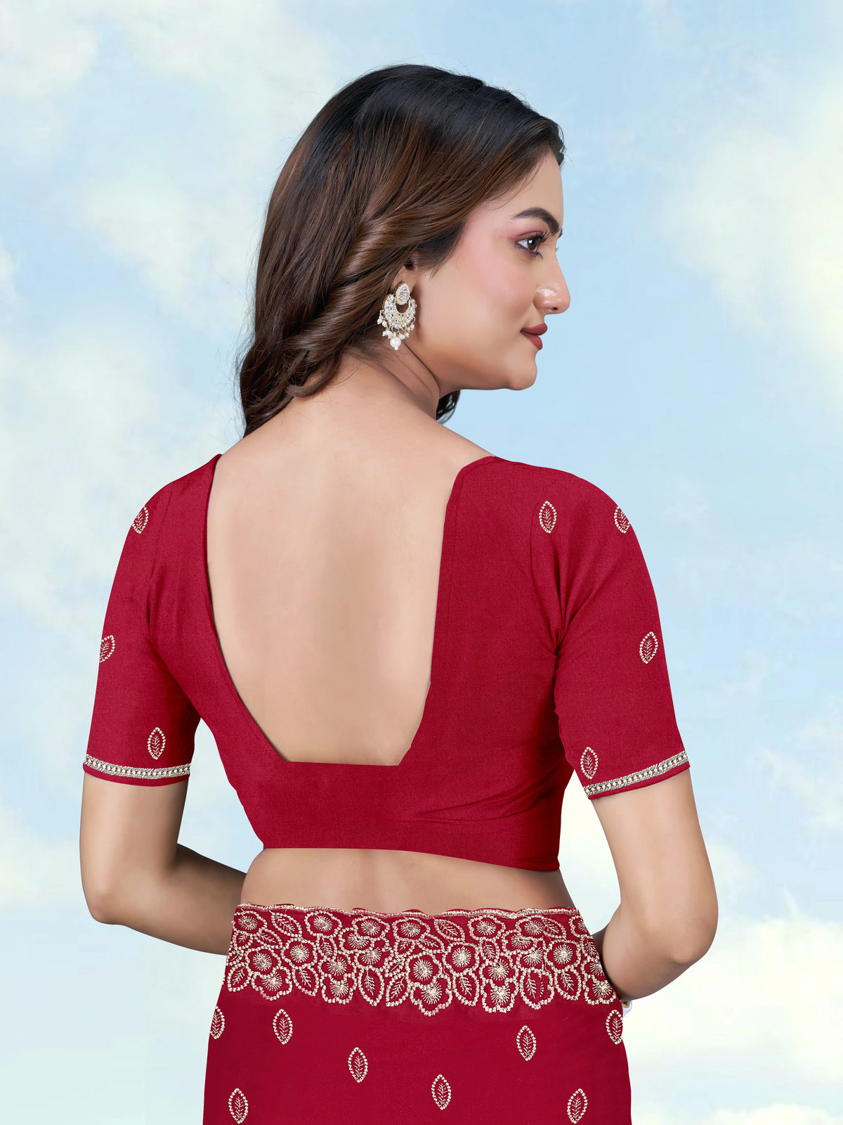 Red Georgette Saree with Embroidered Leaf Buti, back