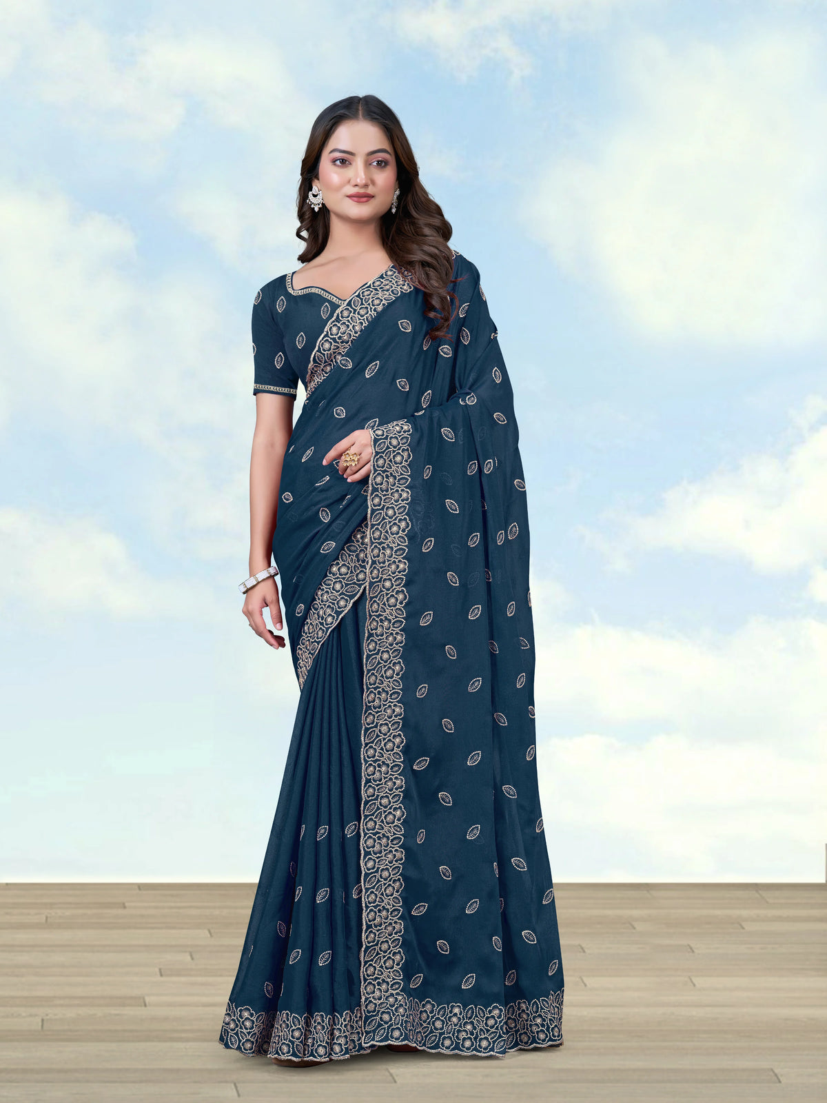 Teal Blue Georgette Saree with Embroidered Leaf Buti, front