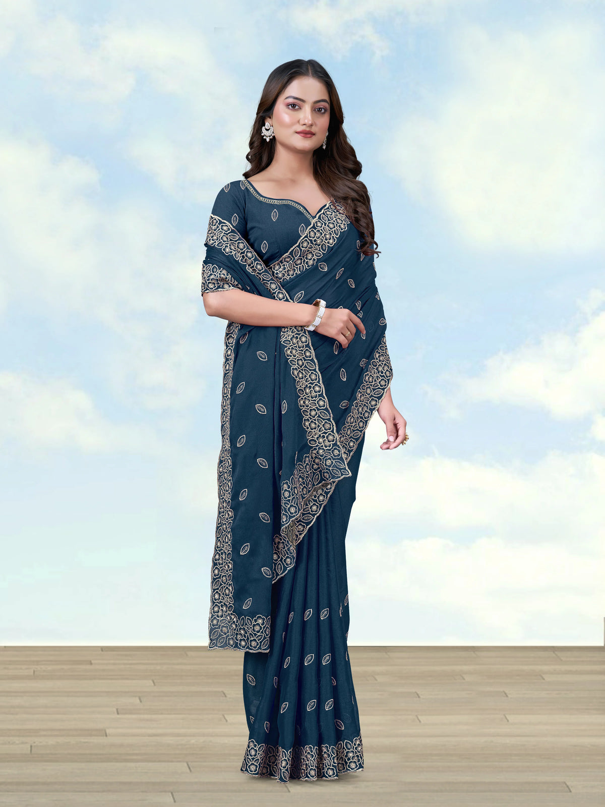Teal Blue Georgette Saree with Embroidered Leaf Buti, side