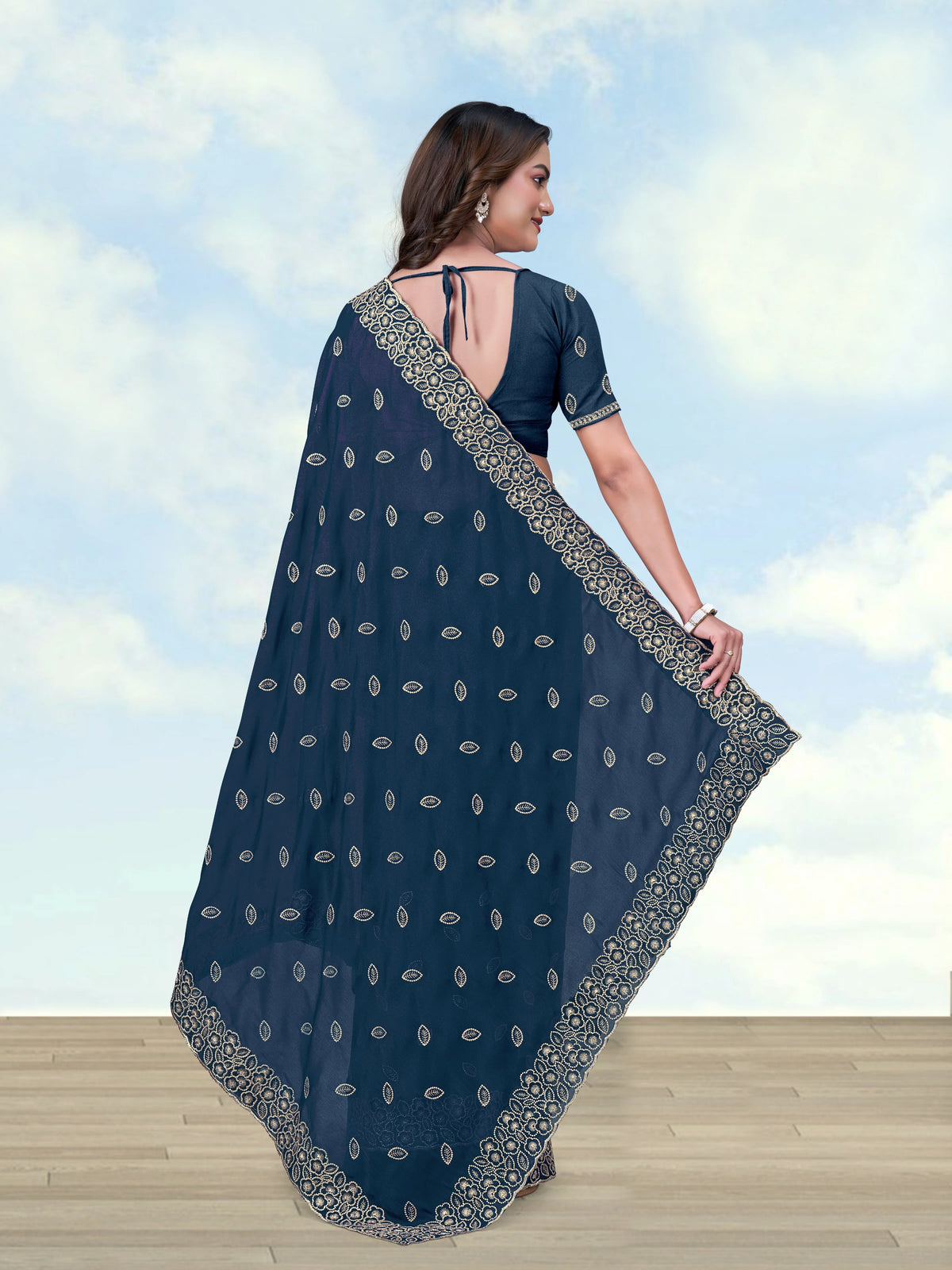 Teal Blue Georgette Saree with Embroidered Leaf Buti, back