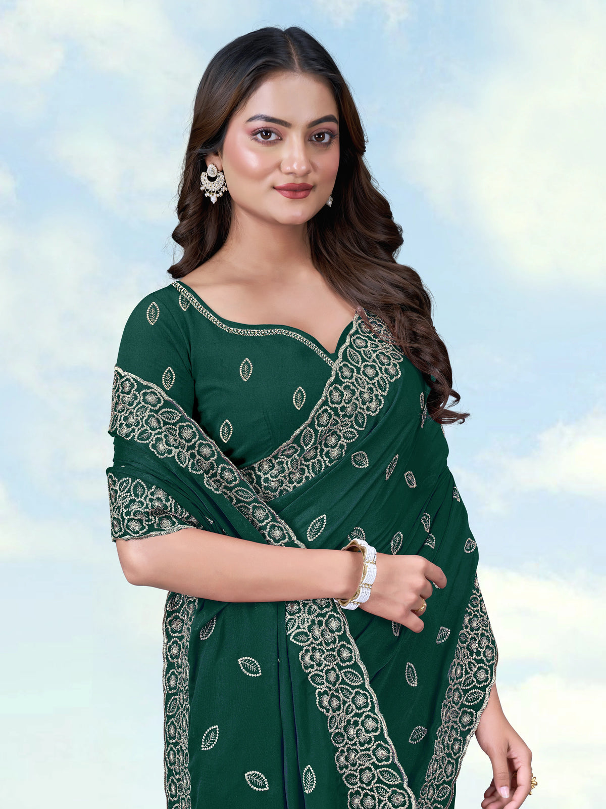 Dark Green Georgette Saree with Embroidered Leaf Buti, border close-up