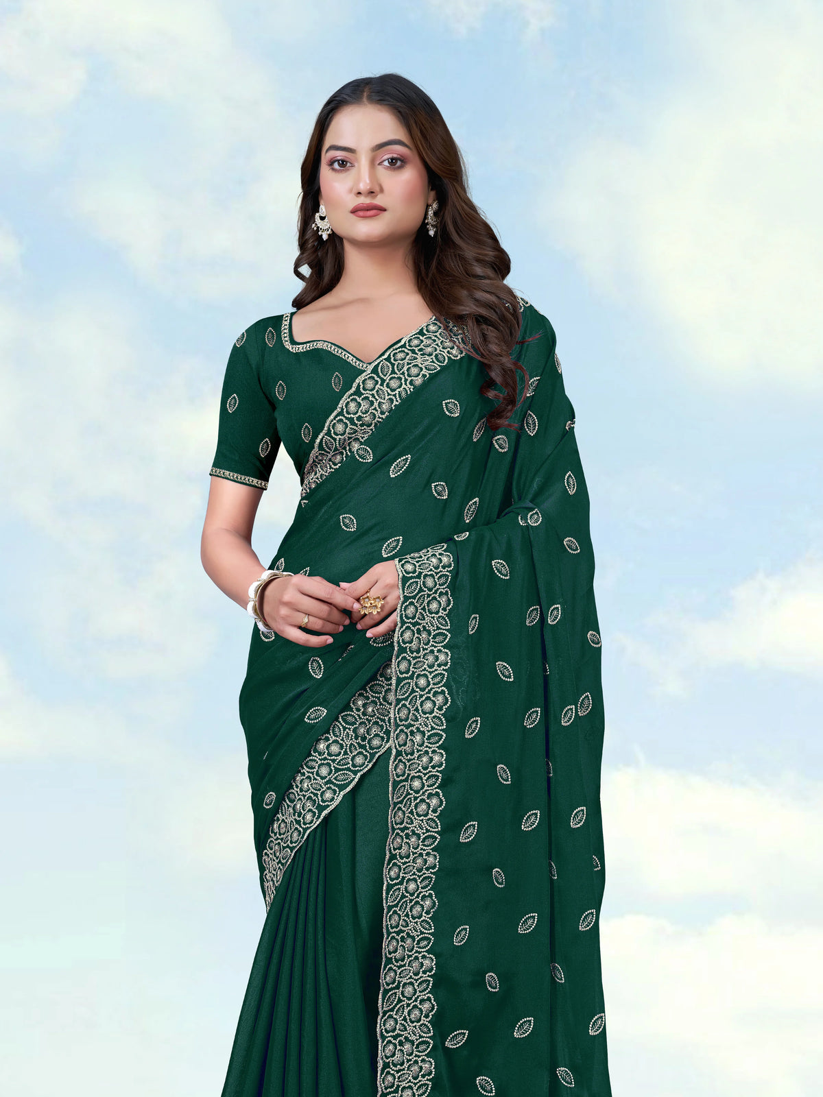 Dark Green Georgette Saree with Embroidered Leaf Buti, drape close-up