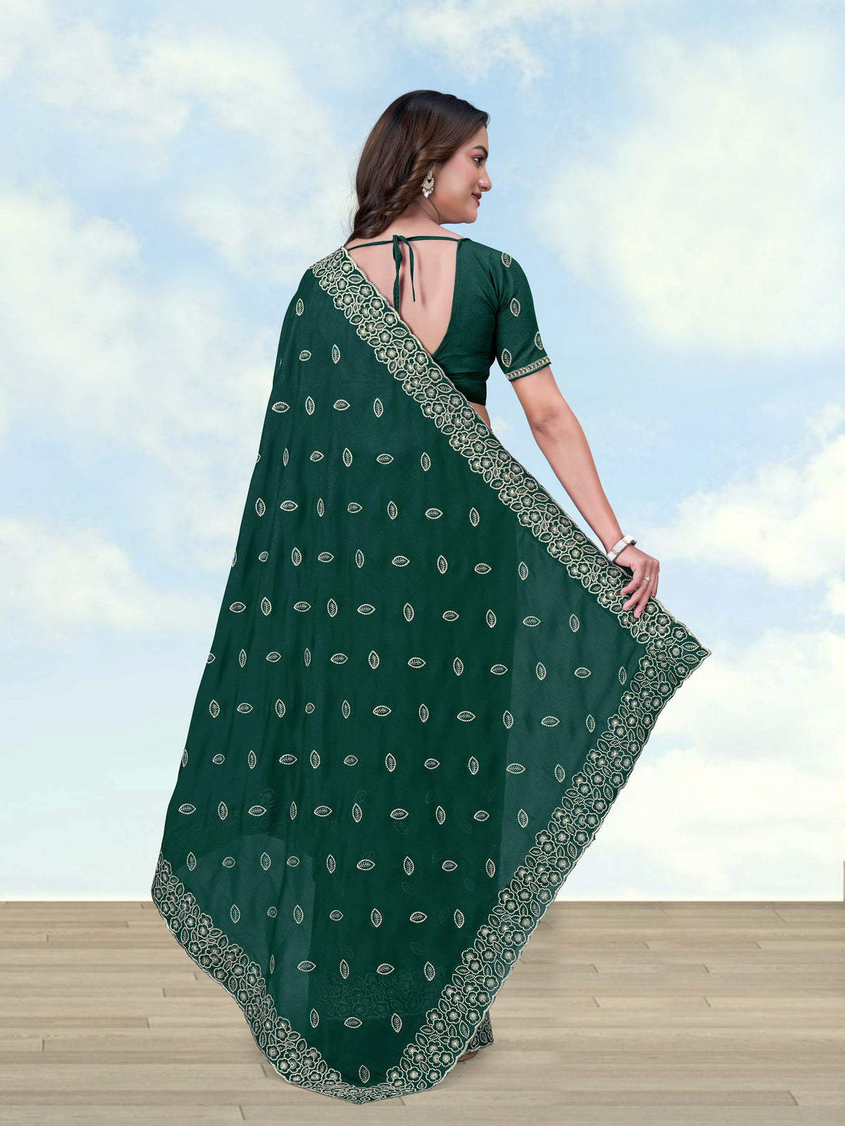 Dark Green Georgette Saree with Embroidered Leaf Buti, back