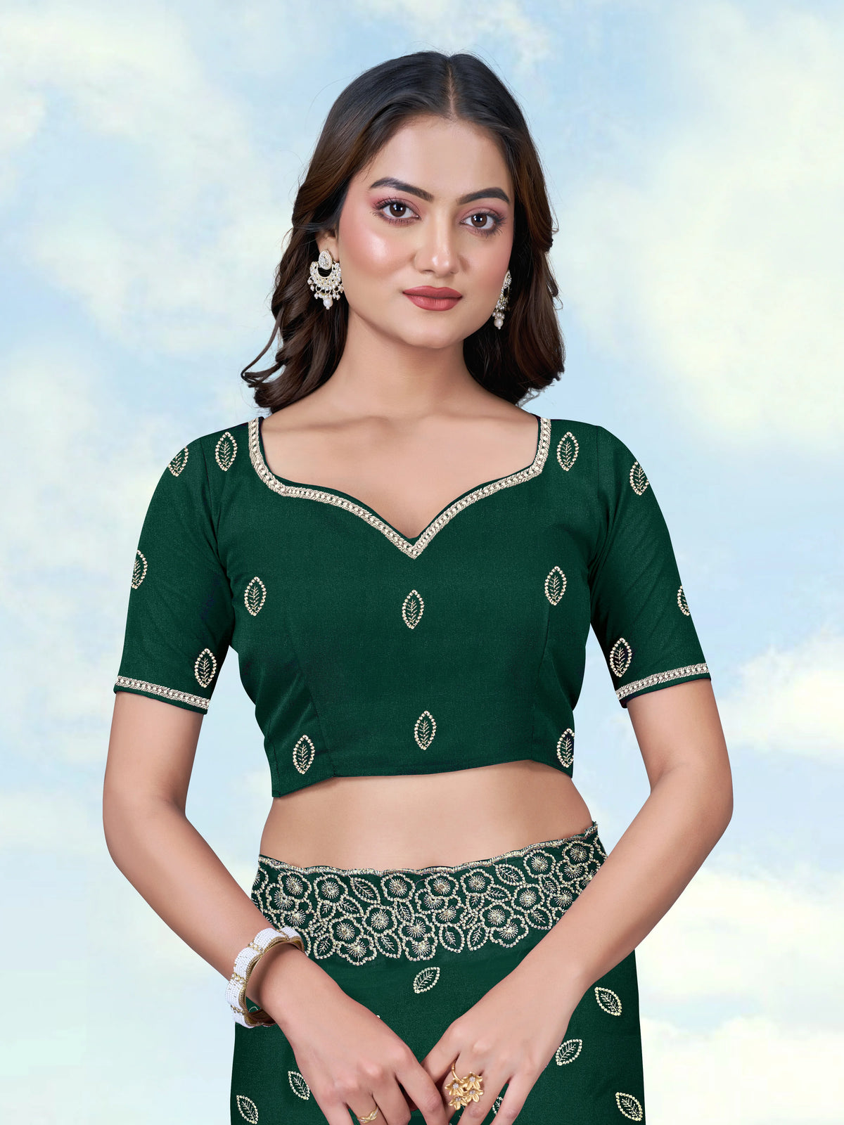 Dark Green Georgette Saree with Embroidered Leaf Buti, blouse front