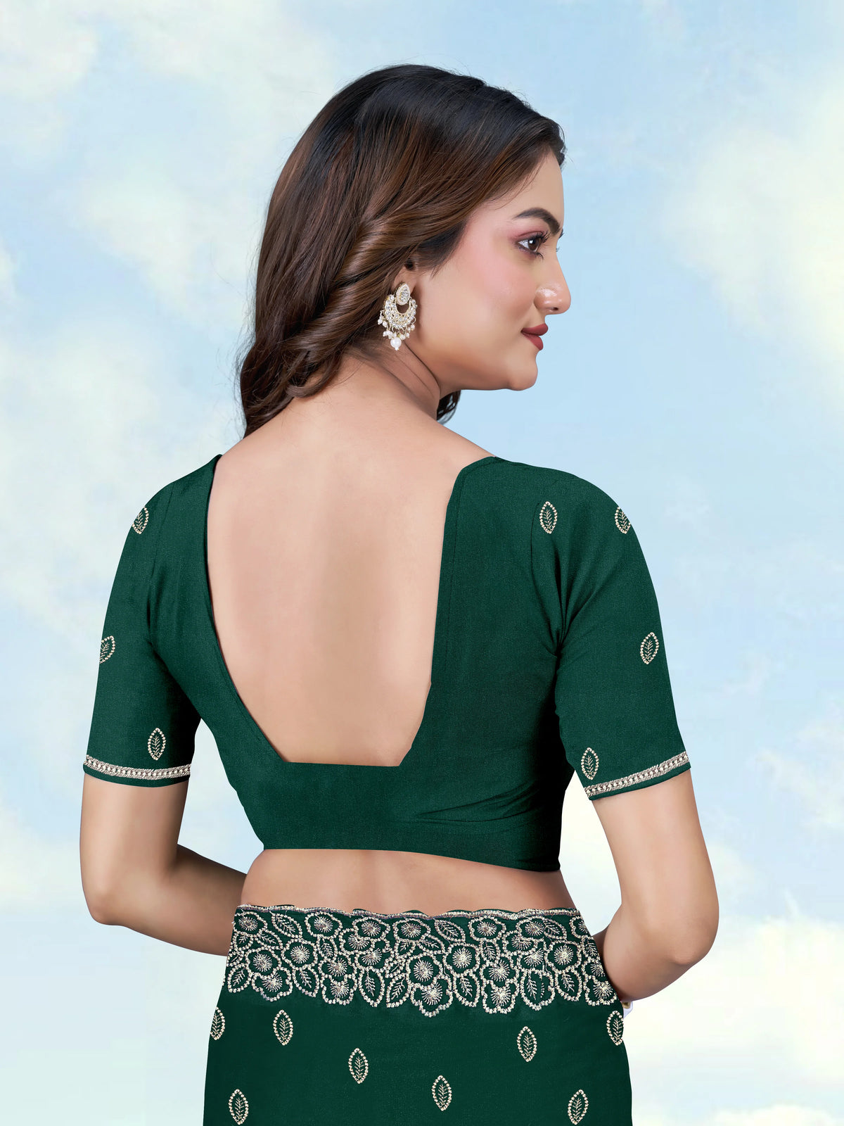 Dark Green Georgette Saree with Embroidered Leaf Buti, blouse back