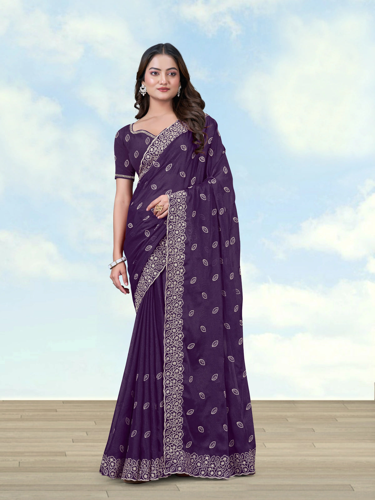 Purple Georgette Saree with Embroidered Leaf Buti, front