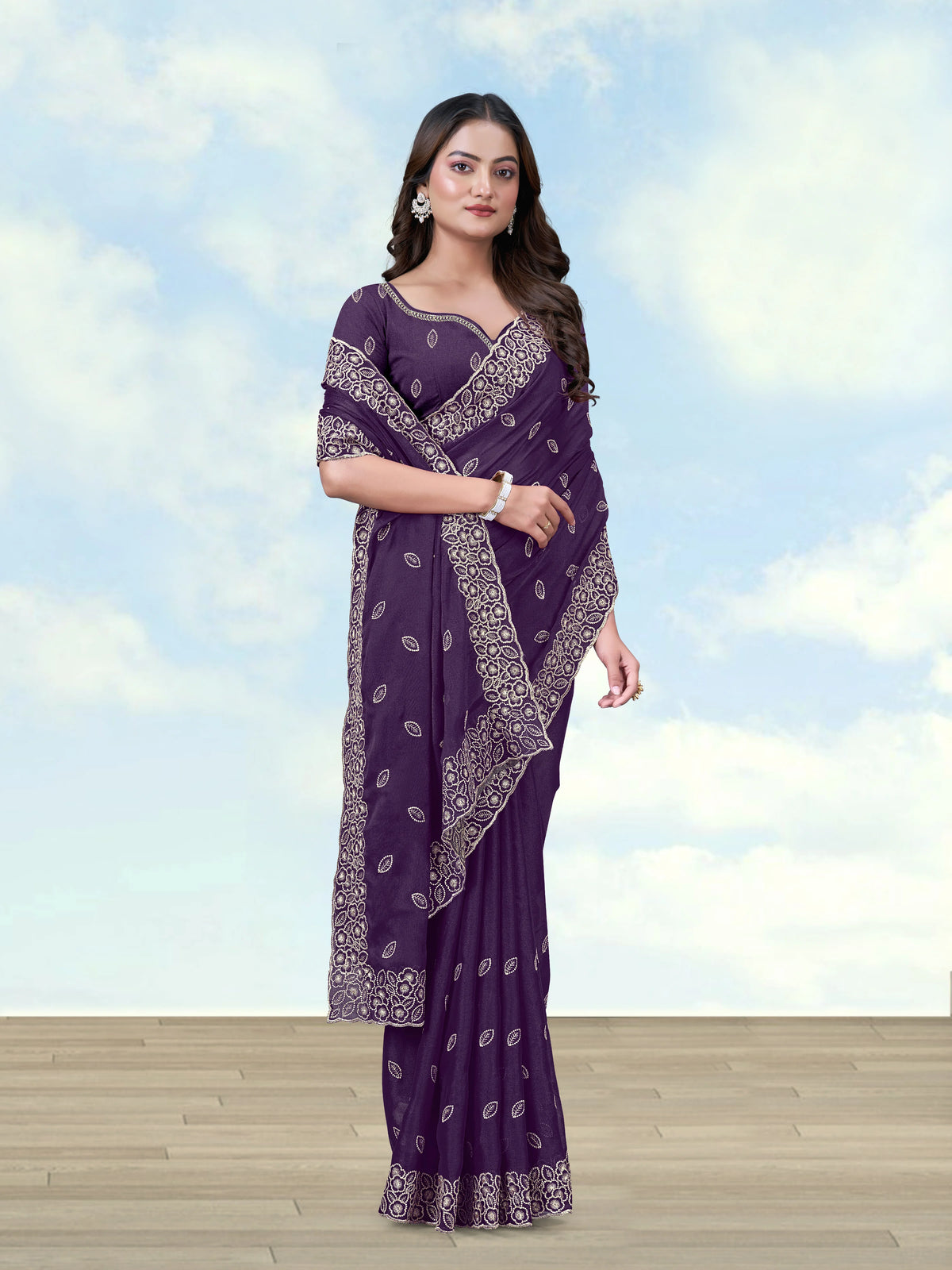 Purple Georgette Saree with Embroidered Leaf Buti, side