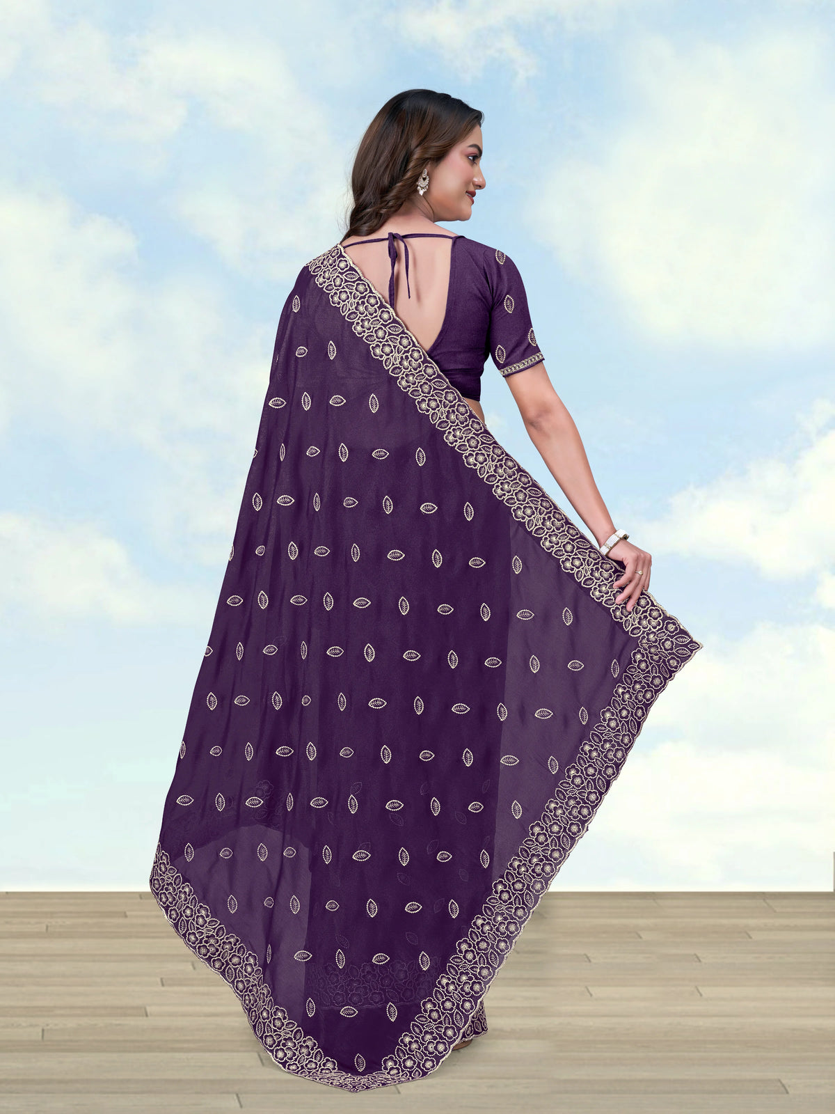Purple Georgette Saree with Embroidered Leaf Buti, back
