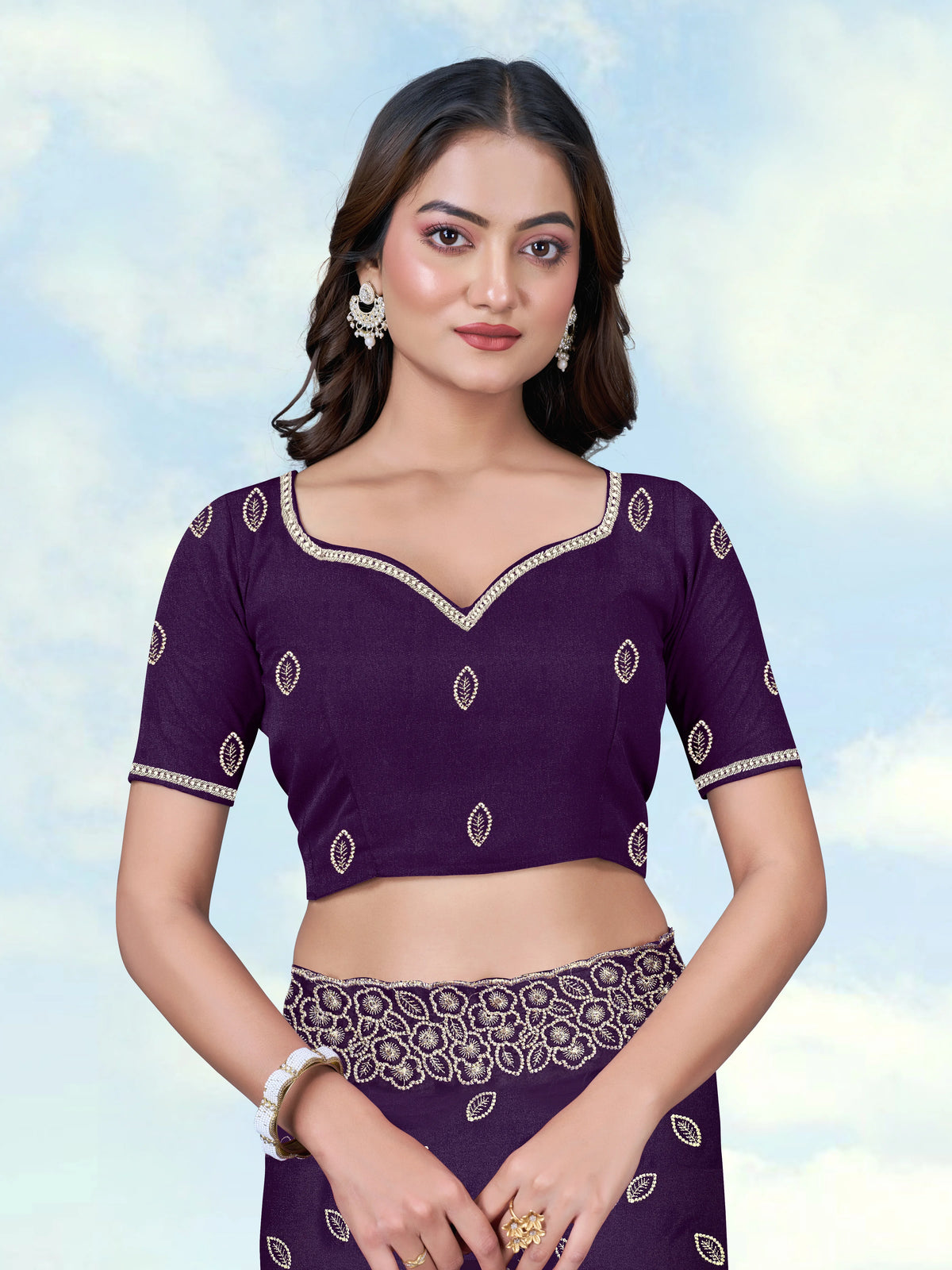 Purple Georgette Saree with Embroidered Leaf Buti, blouse front